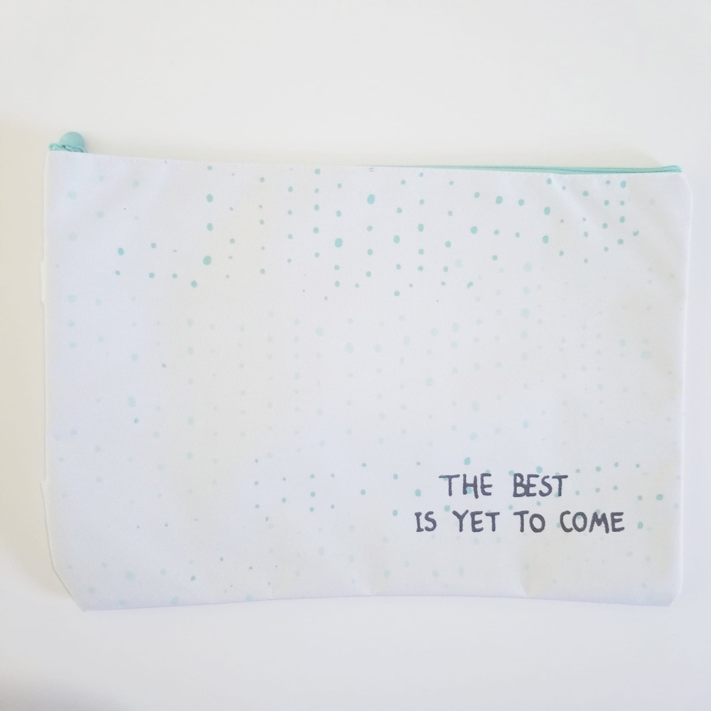3/$45 NWOT White Teal Affirmation Print Canvas Pencil Makeup File Folder Bag